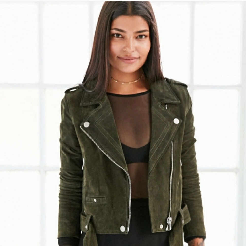 BlankNYC Small Olive Green Suede Moto Jacket Real Leather Belted Zippers Pockets
